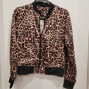 City Streets Womens Track Jacket Size M Black Tan Leopard Print Full Zip